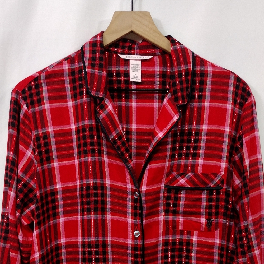 Victoria's Secret Flannel Long Pajama Set Women's M Red Black Holiday Retro Y2K - Picture 4 of 15